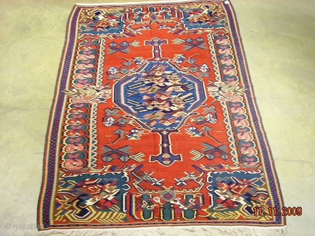 Rare fine Kurd Bijar kilim. Approximately 7x4 feet. Influence of European design in tribal weaving. Circa 1930.                