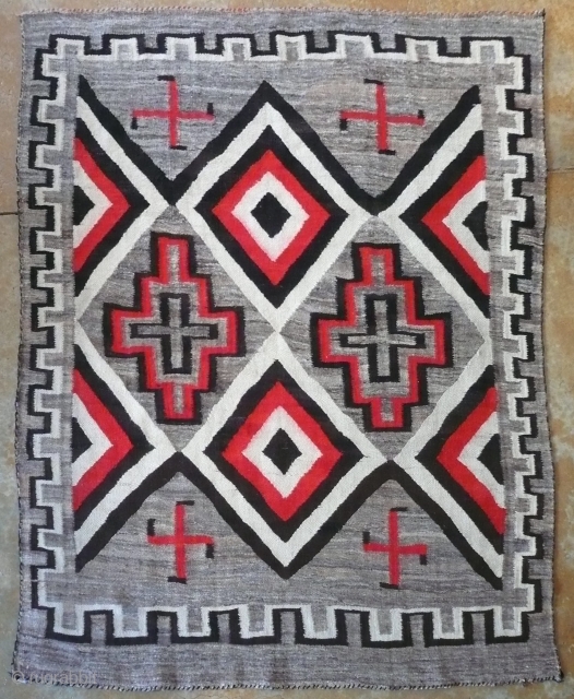 Antique Navajo Rug c. 1900 early hubbell/ ganado whirling log. @ 5'x7', orig con, complete,no holes or tears,washed , color run removed    $4800       