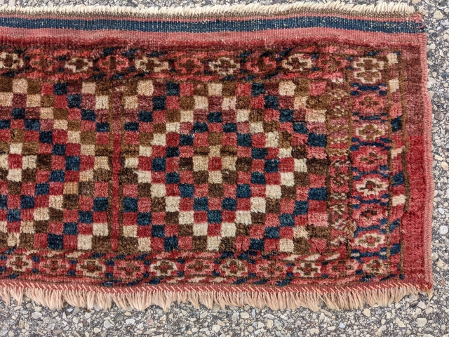 Interesting antique checkered Ersari torba. 1'1" x 3'1". Soft wool and a few scattered moth bites. Cheers.                