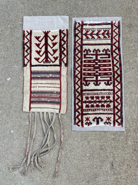 Two 19th century Turkmen tentband fragments from the same tentband, possibly mid 19th. 10"x 21" and 10" x 16". Nice green            