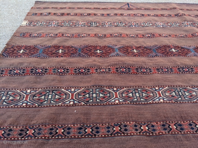 19th century Karadashli chuval in immaculate condition. No stains, wonderful colors in the striped bands. Lot's of Tekkes in this style but not Karadashlis.

2ft 8in x 3ft 9in

Cheers.     