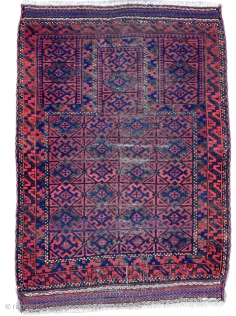  Antique Baluch prayer rug with great color and alternating color selvedges. Wonderful kilim ends intact. Stable, natural dyes. No holes. 2'8" x 4'3"         