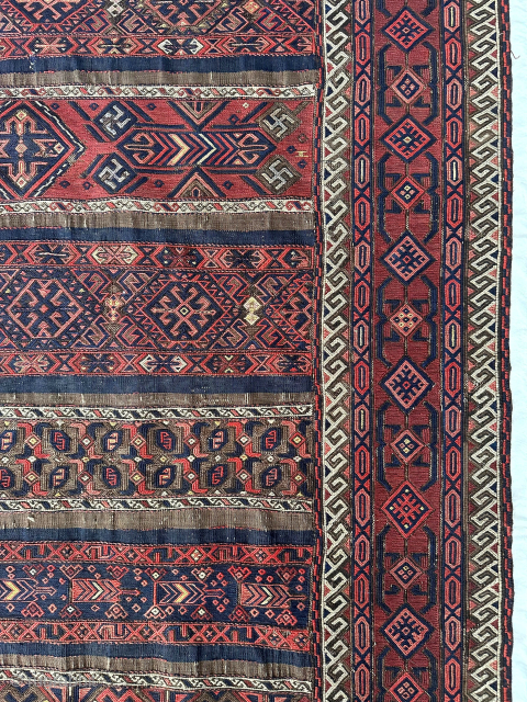 A large and fine soumak Timuri Sangtschuli Baluch rug. 275x165cm. 9'10" x 5'5. 19th century. It has some silk highlights. In overall great condition. Please contact me at Steven.malloch@gmail.com or gerrerugs@gmail.com for  ...