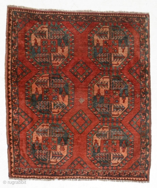 Late 19th century Ersari wedding rug. 3'9" x 4'6". Almost completely full pile except a small spot in the center. Incredible colors with various greens, blues, and oranges. Likely horse hair warps  ...