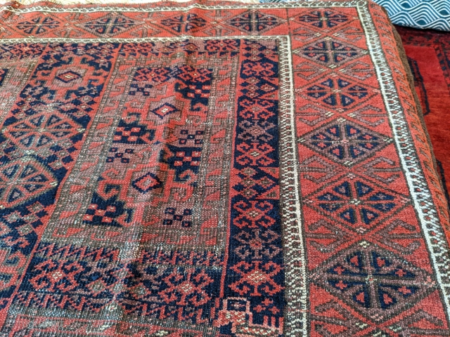 Early 1900s Yaqub Khani Baluch rug with a few chickens woven in. Natural dyes with a great purple.               