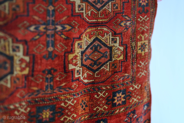 Mid 19th century Ersari chuval with a good range of colors. 5'3" x 4'2". It has some silk highlights. No holes or tears. Contact me at steven.malloch@gmail.com or gerrerugs@gmail.com    