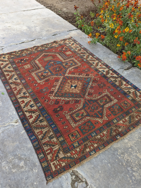 Antique Kazak prayer rug dated 1298 which is 1880. Some repiling, no large repairs.

137 x 104cm or 4'6" x 3'5"
Contact me at: steven.malloch@gmail.com or gerrerugs@gmail.com        