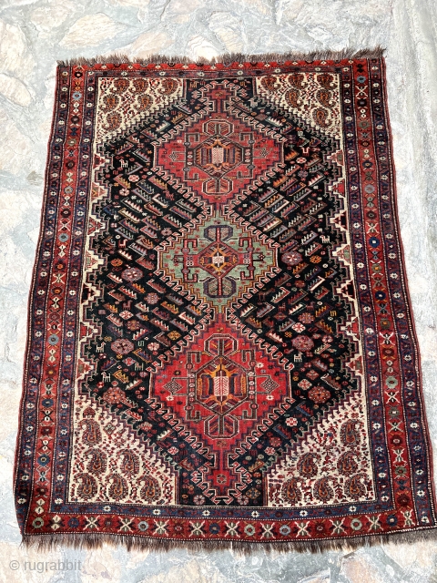 Antique Khamseh rug, finely woven with beautiful green. 3'8" x 5'1".                      