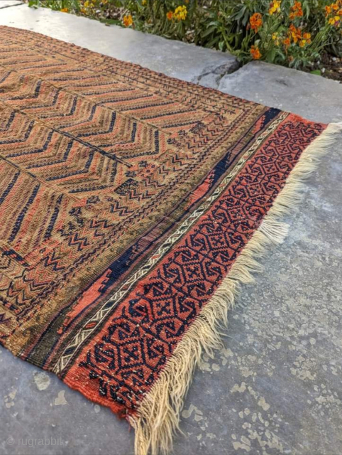 19th century Baluch sofreh in great condition. Many times this type is quite worn. 2'5" x 4'5" or 74 x 135cm. It's difficult to capture the beauty of this piece in photos.  ...