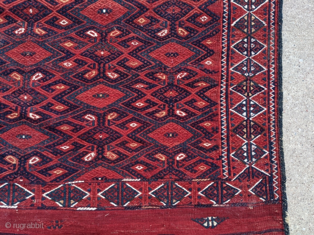 Stunning merlot red Yomud Turkmen palas kilim. 5'8" x 10'8". This is one of the older ones, likely circa 1900. These are a tight woven kilim with wool embroidery for the design  ...