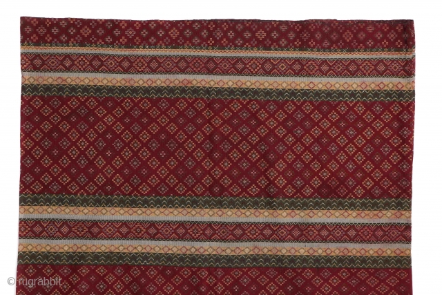 Early 1900s Burmese Hakachin silk tube skirt. Beautiful tight embroidery on this silk textile. 39'' x 27'' (99 x 69 cm)            