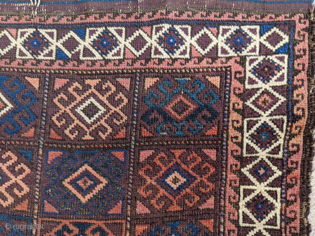 Archaic looking Baluch with incredible range of colors. Look at that main panel on the right!  Maybe a student practice piece or some kind of script?  3ft 11in x 2ft  ...