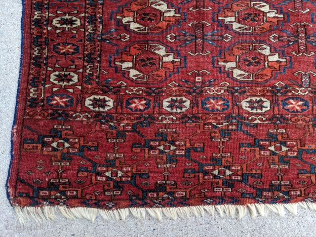 19th Century Tekke rug with rare, older elem design. 4ft x 5'2". Wonderful, deep madder red with dark and light blues. Both elems have a different pattern. 2/3rds full pile and the  ...