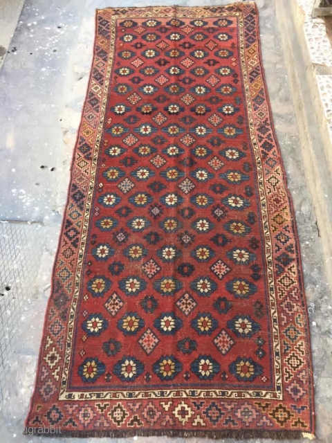 Beautiful, unique antique Uzbek rug. Near full pile on one end with medium to low pile on the rest. No visible repairs besides the selvedges rewrapped. No color runs. Definitely a striking  ...
