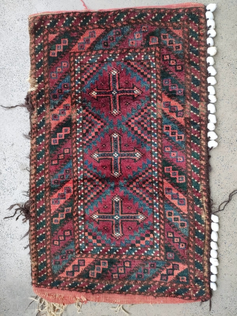 Antique Sistan Baluch balisht with original cowrie shells and back. 1'9" x 2'10" or 53x86cm                  