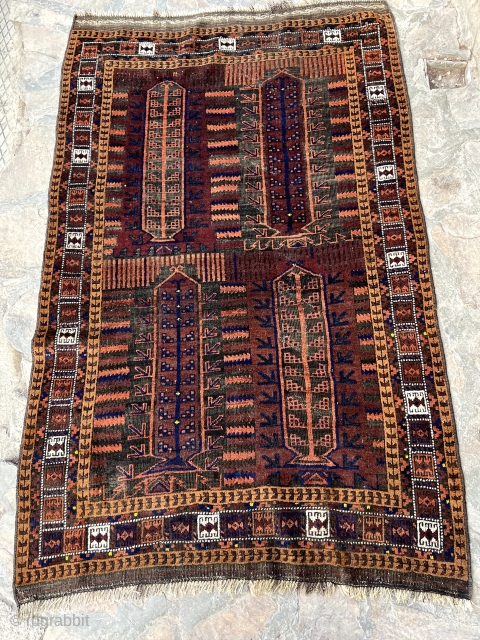 Antique Sistan Baluch rug with camel hair border and the qalam dani design. Unusual size for a qalam dani.

3'7" x 5'6"            