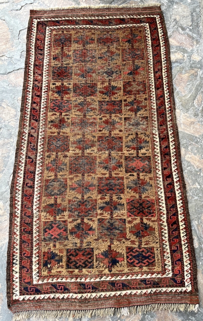 Antique, camel hair box design Baluch. Complete piece, ends secured no holes. 2'8" x 5'2" or 80 x 155cm.              