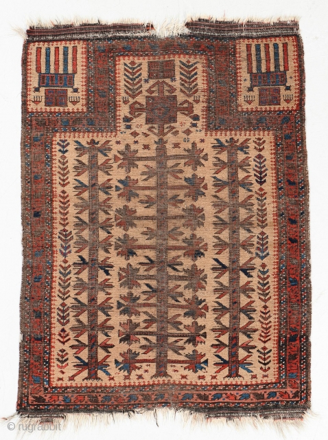 19th Century Baluch prayer rug. It has a border common to Timuri rugs. These are the most stylized hands I've seen on hand panel Baluch rug. Great piece overall. 2'11" x 4'1"  ...