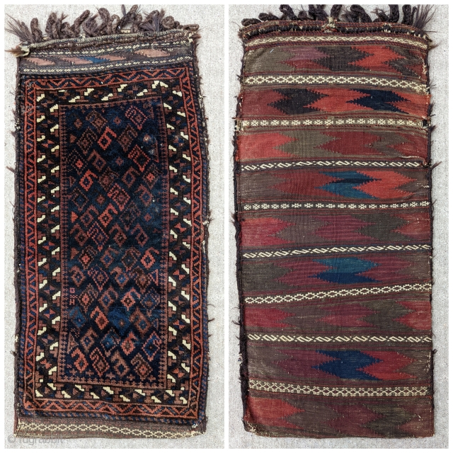 Gorgeous 19th century Baluch balisht. Complete piece with front, back, and goat hair loops. These small bags are a true work of art. 1'6" x 3'2" or 46 x 92cm

Cheers.   