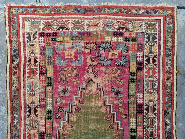 19th century Kirsehir prayer rug. Natural dyes, and a lot rare green and pinks. It folds like a cloth. 4'0" x 6'0" or 122x183cm. Contact me at: steven.malloch@gmail.com or gerrerugs@gmail.com   