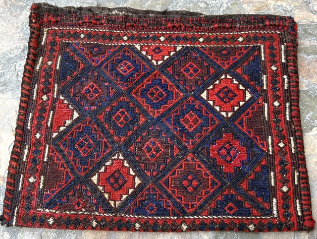 Antique Baluch soumak chanteh, complete with both sides. These are fine and hard to come by. 30 x 35cm or 1'0" x 1'2".          