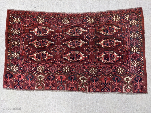 19th Century Kizil Ayak Lebab Turkmen chuval from the middle Amu Darya region. 2'11" x 5' or 89 x 152cm. Gorgeous colors, great borders, do they get much better? Love the small  ...