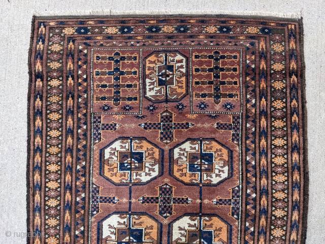 Old Baluch prayer rug with Tekke guls. 3'2" x 4'9" or 97 x 145cm. Soft, shiny, and fluffy wool. Great condition. 

Cheers.           