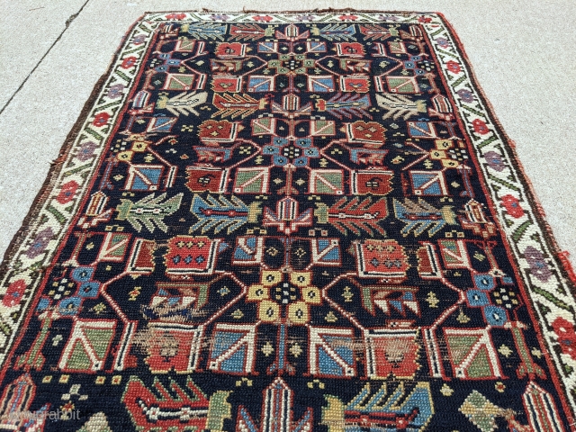 19th Century Caucasian rug. 2'6" x 4'6". Beautiful dyes and rare amount of green. This was originally a larger rug as they made a smaller rug and wove the borders back on.

Cheers. 
