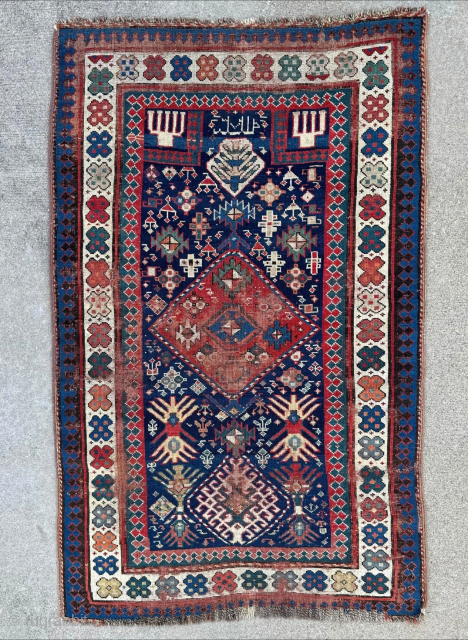 Antique Caucasian prayer rug dated 1273 (1853) and combined with he word Allah. 3"2" x 5'2" or 96 x 158cm. Please contact me at steven.malloch@gmail.com or gerrerugs@gmail.com.      