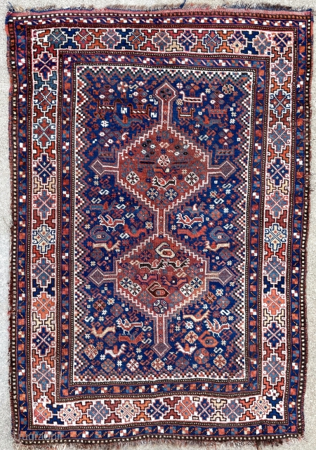 Antique Shiraz rug. Lots of birds, beautiful colors. 3'4" x 5'0"                      