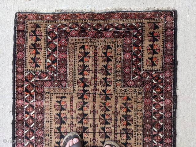 Old Kawdani Baluch prayer rug. Fine weave and full pile with soft, fluffy wool and good shine. 3'2" x 5'1" or 97 x 155cm. Great condition with original goat hair selvedge and  ...