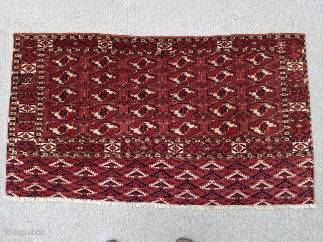 Late 19th Century finely woven tekke chuval / chuwal. 2'4" x 4' or 72 x 122cm. Great wool on this piece. One old repair to the left side midway down. All sides  ...