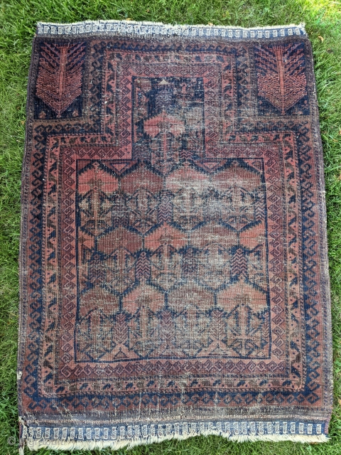 Mid 19th Century Timuri Baluch prayer rug. 3'1" x 4'2" or 94 x 127cm. The field design is common on Chakhansur larger rugs. No holes, beautiful embroidered end with multi color selvedges,  ...