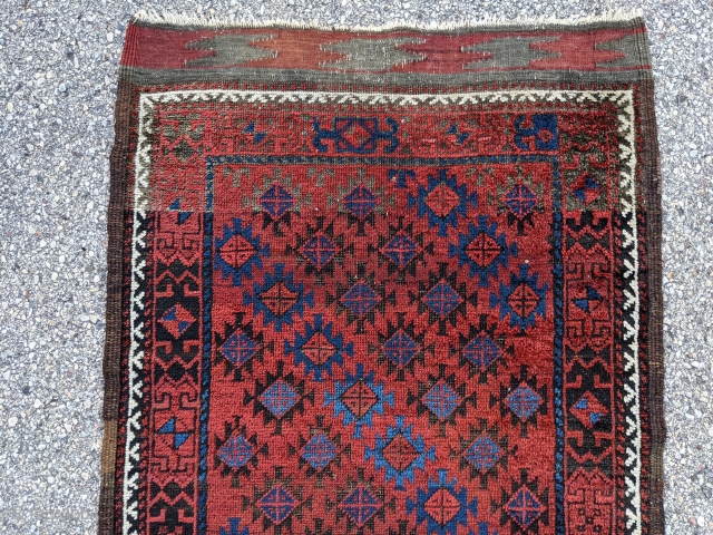 19th Century Baluch rug with kilim ends and full pile wool. 2'11" x 5'0". Wonderful 3 shades of blue.

Cheers.              