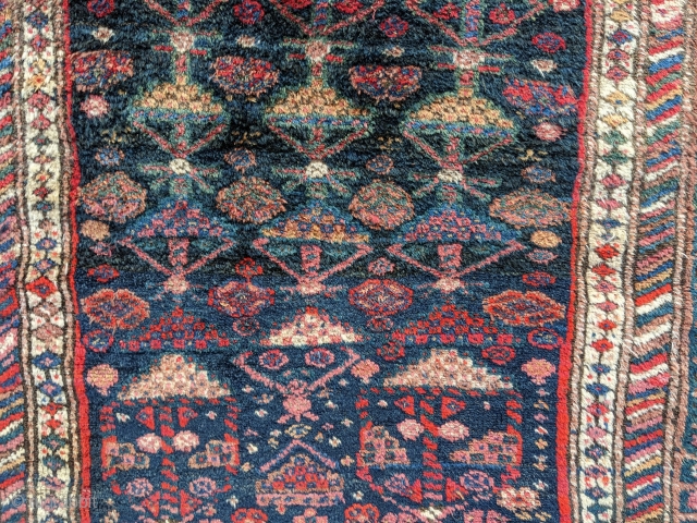 Antique, turn of the century, Afshar rug. 5'6" x 4'9" or 145 x 168cm. Close to a square with full pile and complete kilim ends. Thick soft wool.     