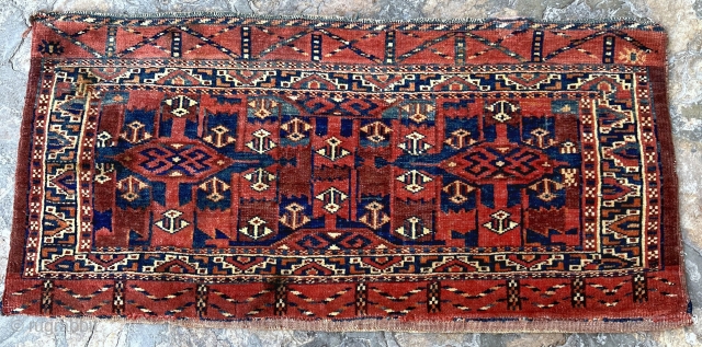 19th century Yomut torba with great colors and unusual border. All original with back. 42 x 87cm or 1'5" x 2'11".            