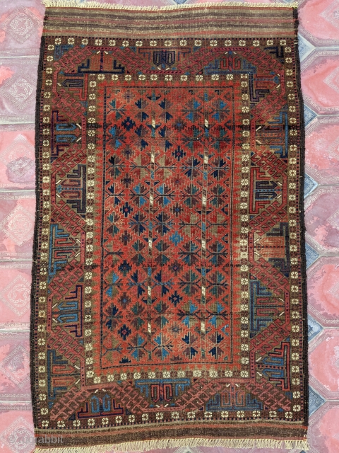 Symmetrical knotted 19th century Bahluli Baluch with a very wide range of colors. Original sides and no repairs. 3'3" x 5'4" or 162 x 99cm.        
