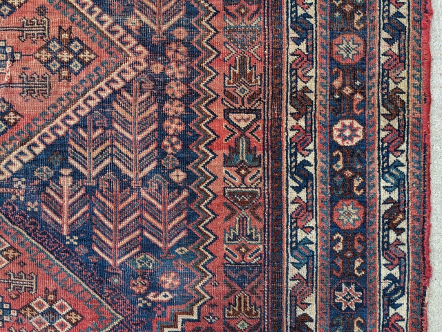 Beautiful early 1900s Afshar. 4'11" x 7'2". Great colors. Even low to medium pile. Great mix of motifs with original kilim ends.

Few condition issues. 3 small gouges out of the side and  ...