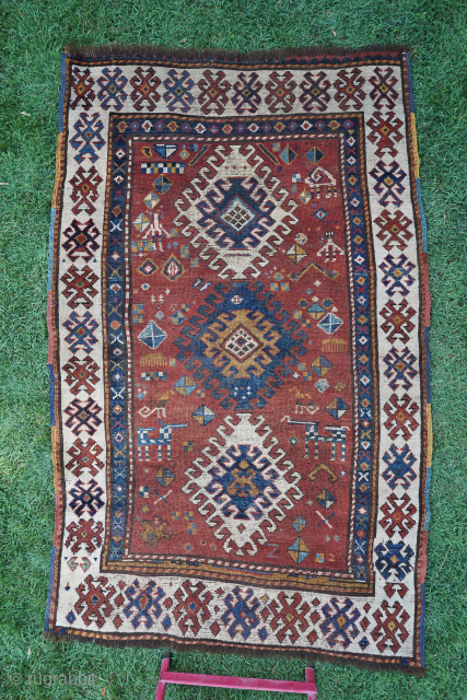 Circa 1880 Bordjalou rug. No holes, has had some repiling but no large repairs. 6'5" x 4'0" or 196 x 142cm. Please contact me at steven.malloch@gmail.com or gerrerugs@gmail.com for purchase or questions.  ...