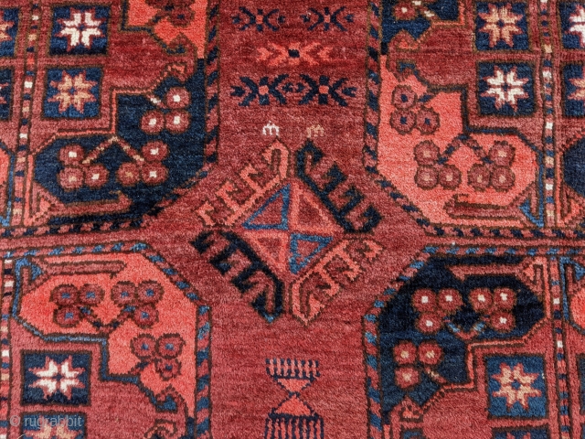 Antique 19th Century Ersari main rug from the Amu Darya region. 7ft x 8'5" or 214 x 256cm. Great pile, and the softest wool, on a large percentage of the rug but  ...