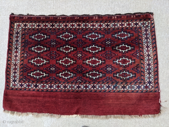 Antique Yomut chuval / chuwal. 2'5" x 3'8". This is full pile with the softest wool and good lustre. Really nice deep. rich red color. Late 19th century to turn of the  ...
