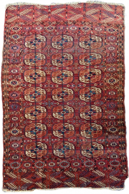 19th century Tekke Dip Khali size rug. Coppery red with a great green. 3'8" x 5'6".                 