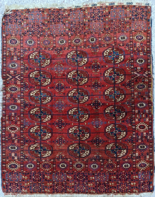 19th century Tekke wedding rug. Former Jim Dixon collection. Unusual elems. Good pile, some cochineal in a handful of guls. 3'8" x 4'6" or 112 x 138cm.      