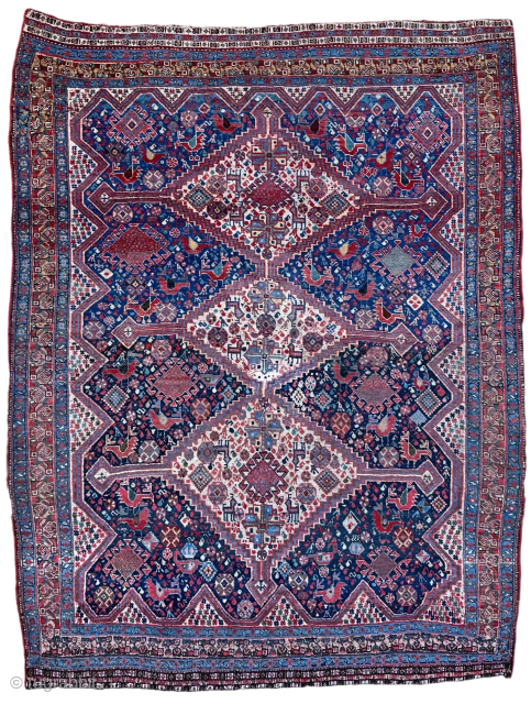 Beautiful, depressed warp, antique Khamseh rug. 19th century. Two old repair spots.

6'3" x 4'9" or 191 x 145cm.

Please contact me at steven.malloch@gmail.com or gerrerugs@gmail.com for purchase or questions. Cheers.    