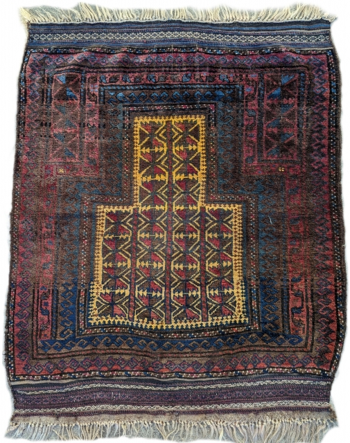 Antique Baluch prayer rug with complete ends. Beautiful wool and floppy handle. Original selvedge and no repairs. 3'6" x 4'7" or 107 x 140cm         