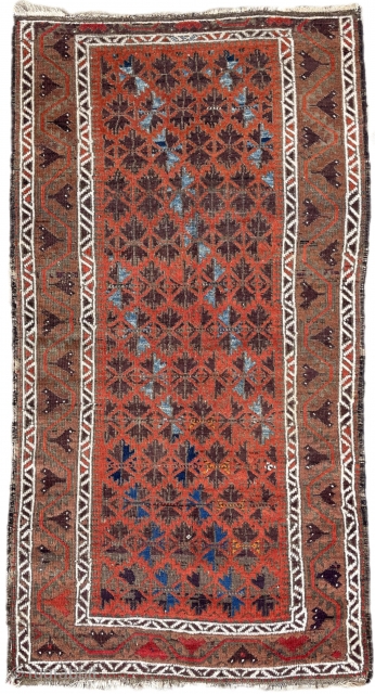 Antique symmetrically knotted Baluch rug with 11 colors and a striking light blue. The bottom edge wasn't cut, the weaver decided to shorten the two outer borders. No holes. 

2'8" x 5'0"  ...