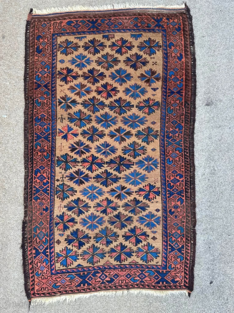 A colorful, camel field Baluch rug. Notice the human figures in the field. 3'0" x 5'2" or 158 x 92cm. Please contact me at steven.malloch@gmail.com or gerrerugs@gmail.com for purchase or questions.  