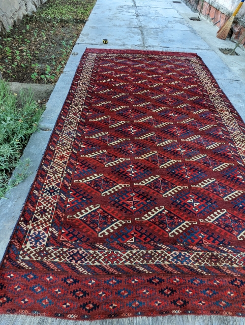 Yomut main rug in full pile condition. Natural dyes including the peach color. 10'2" x 5'11". Contact me at: gerrerugs@gmail.com             
