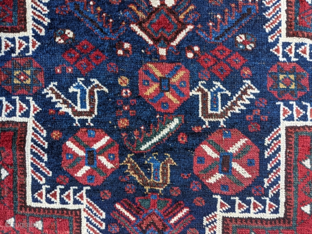 Beautiful early 1900s Shiraz rug. 5'2" x 6'3". Fun motifs, good pile, and great color.

Cheers.                  