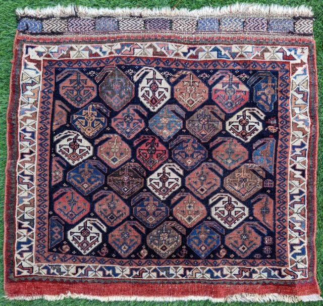 Large antique Khamseh bag face. Beautiful colors and large botehs. No holes. 76x83cm or 2'6" x 2'9"                